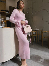 Spring Autumn O-Neck Elastic Knit Long Dresses Women 2024 Elegant Chic Soft Lady Hollowing Sweater Dresses Femme New