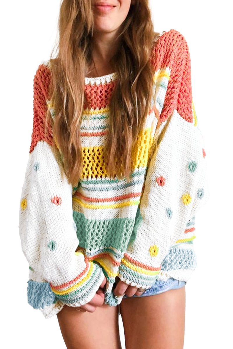 Multicolor Hollow Striped Knit Contrast Sleeve Sweater