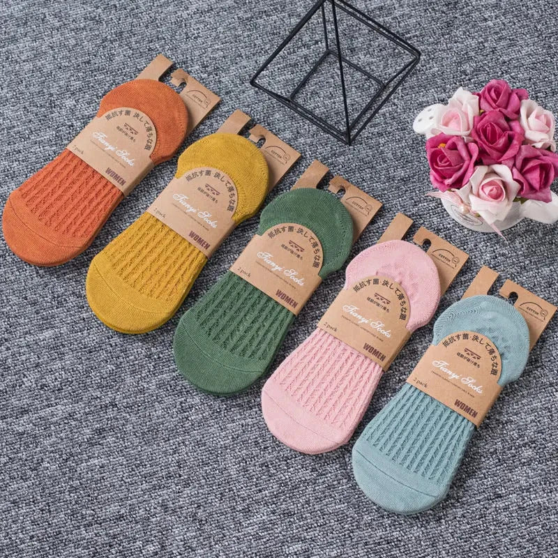 5 Pairs Women's silicone invisible Boat Socks  Summer Solid Color Ankle Boat Socks Female Soft Cotton Slipper Socks 35-40 EUR