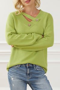 Green Button Tab V Neck Solid Color Sweater