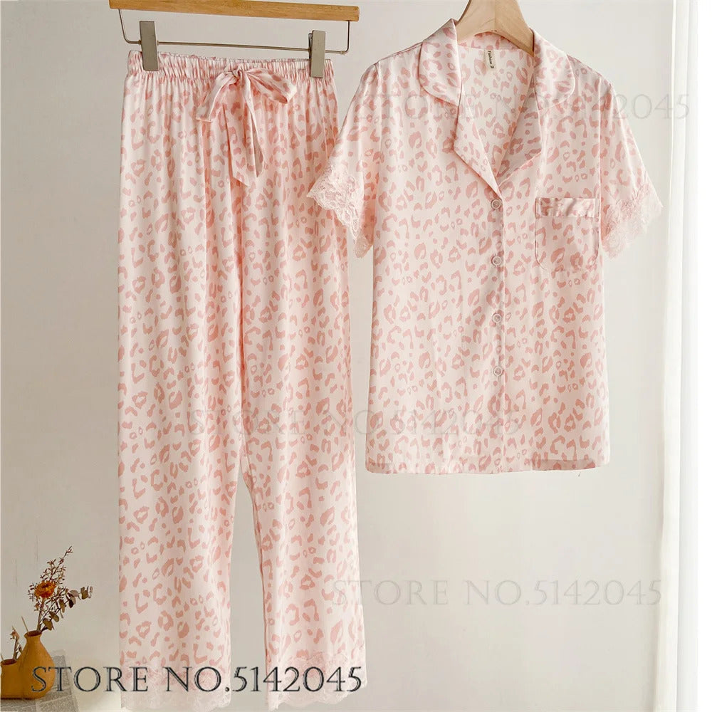 Fashion Print Flower 2PCS Pajamas Set Women Sleepwear Spring Summer Trouser Suits Lounge Wear Loose Satin Homewear Pijamas Suit