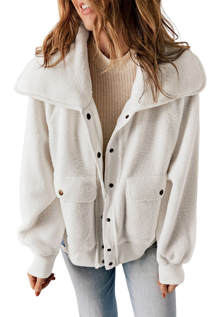 Brown Button Flap Pocket Spread Collar Fleece Jacket