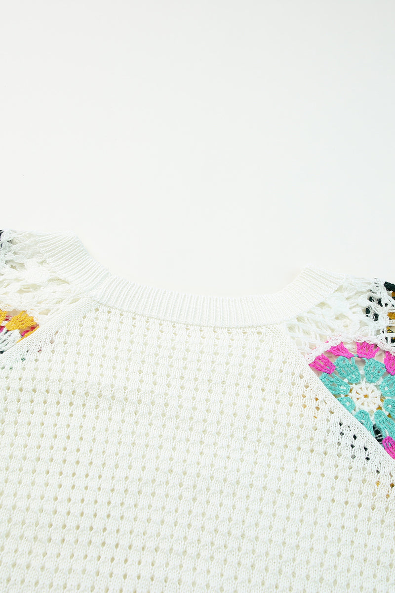 White Pointelle Floral Crochet Sleeve Sweater