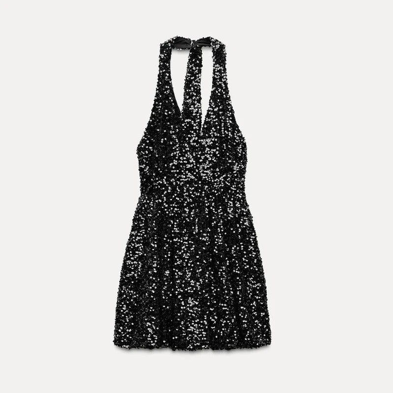 Sexy Sequin Velvet Sleeveless Dress Women Black Shinny V-neck A-line Loose Evening Dresses Female 2025 Fashion Solid Party Robe