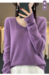 100% pure wool cashmere sweater women's V-neck pullover casual knit top autumn and winter women's coat Korean fashion