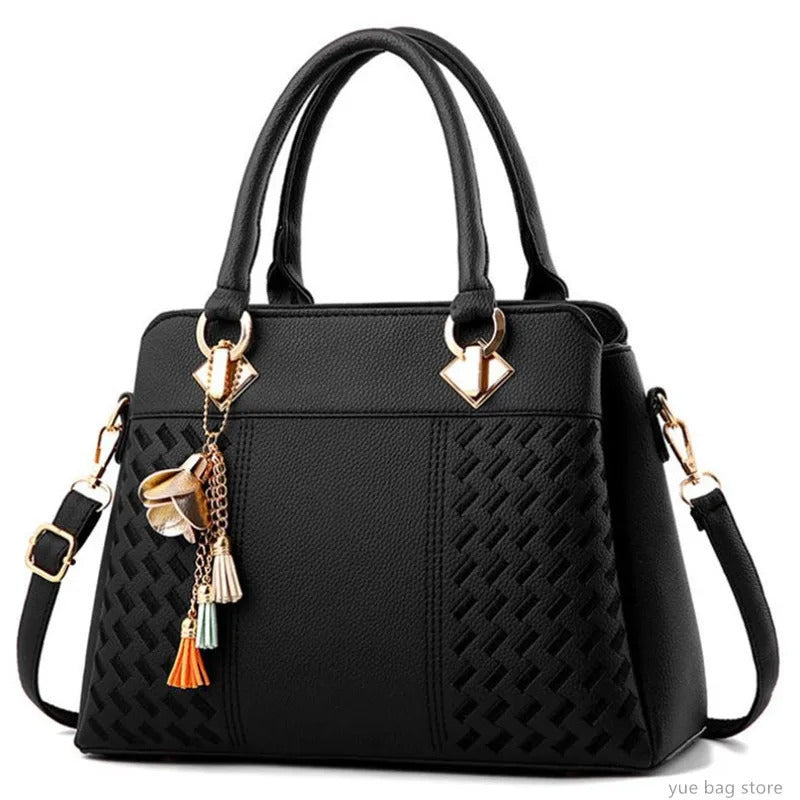 Fashion Black Lady Simple Hand Bags Women Handbags Tassel PU Leather Totes Bag Top-Handle Embroidery Crossbody Bag Shoulder Bag