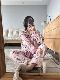 100% Cotton Pajamas for Women Loose Cartoon Long Sleeve Pants Loungewear Women 2 Piece Set Pj Women Outfit Sleepwear Set Pijamas