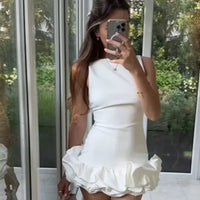 Fashion Solid Ruffled Hem Sleeveless Bodycon Short Dress Women Elegant O-neck Slim Mini Dresses Summer Sexy Lady Party Vestidos