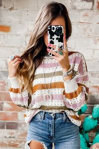 Tan Striped Hollowed Knitted Loose Sweater