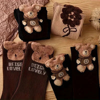 3 Pairs Women Cartoon Bear Mid Tube Socks Fashionable Cute Three-Dimensional Printed Letter Socks Soft Comfortable Casual Socks