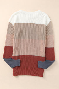 Chestnut Color Block Knitted O-neck Pullover Sweater