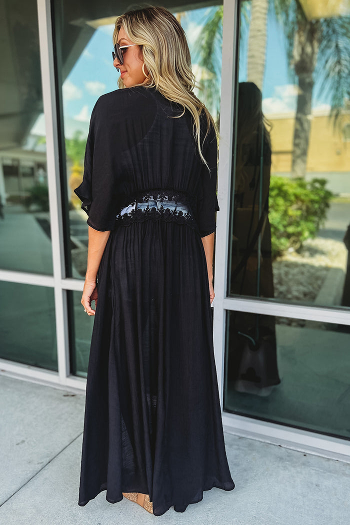 Black Lace Splicing Open Front Maxi Kimono