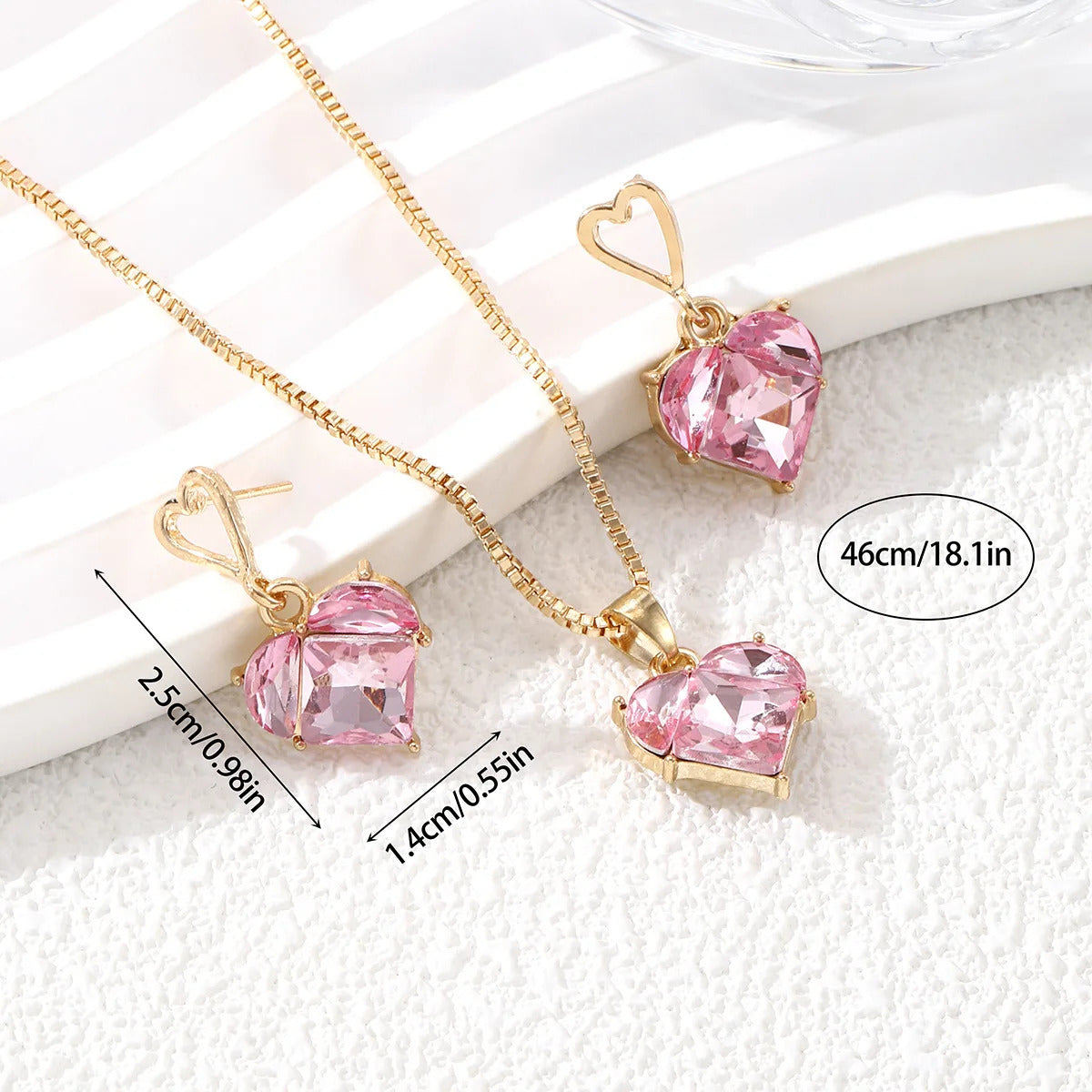 3pcs Trendy Y2k Heart-shaped Zircon Pink Crystal Pendant Earrings Necklaces Set for Women Heart Elegant Exquisite Party Jewelr