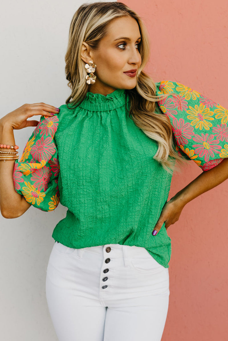 Bright Green Floral Puff Short Sleeve Ruffled Collar Button Back Top