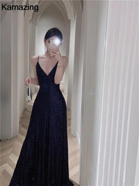 Elegant V-neck Sequin Graduation Dresses Women's Sexy Backless Split Bandage Runway Robe Summer Luxury Formal Occasion Clothes