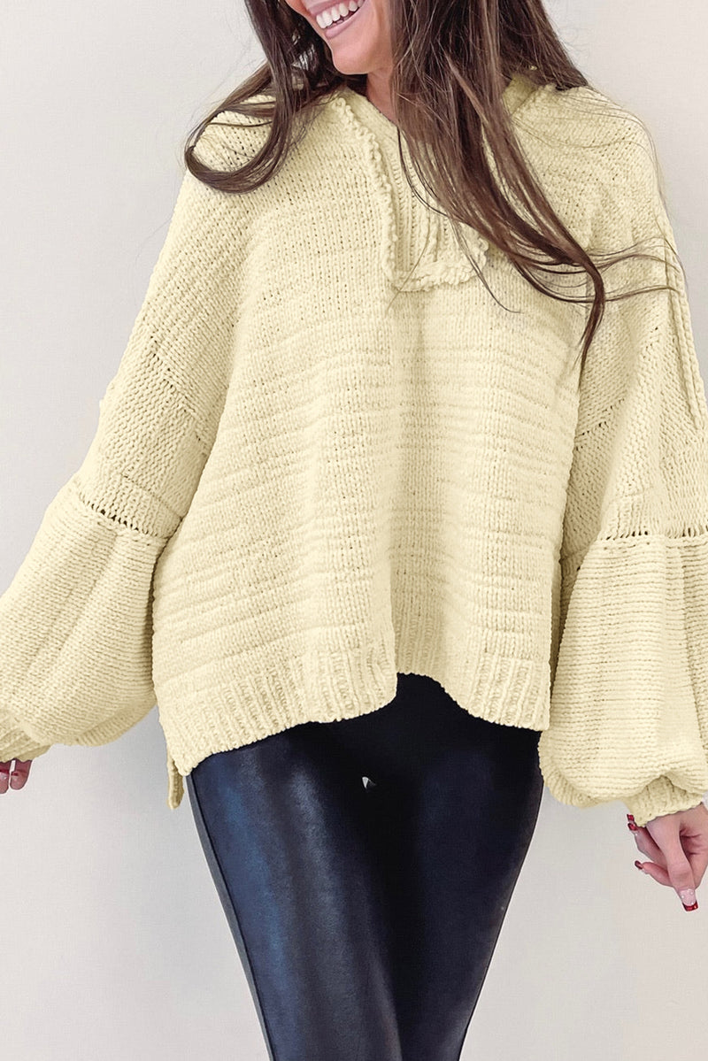 Beige Oversized Balloon Sleeve Hooded Sweater