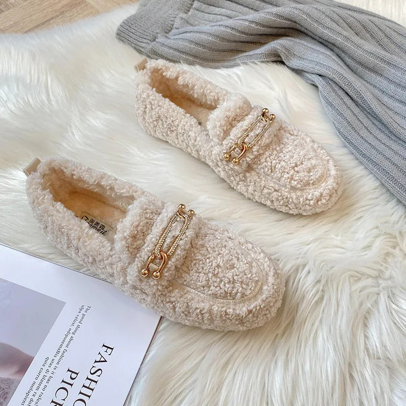 Luxury Sheep Fur Lined Loafers Women Lambswool Shoes Ladies Winter Slip On Furry Flats Cotton Wool Mocasine Femme Barefoot Boots