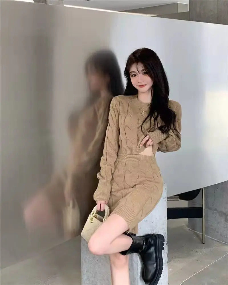 Two Piece OF Pullover Autumn/Winter Knitted Sweater Set Pure Desire Short Sweater Sexy Spicy Girl Arm Wrap Skirt Sweater Female