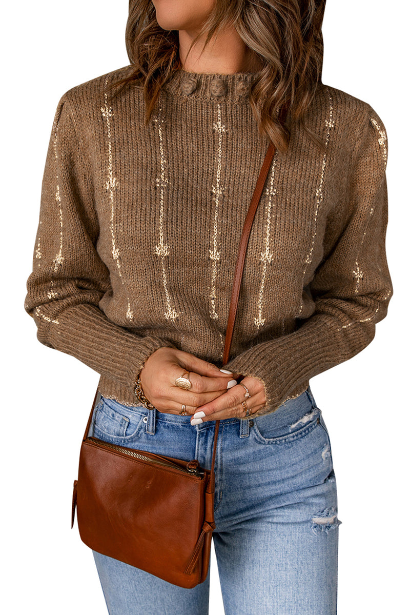 Brown Long Sleeve O-neck Knitted Sweater