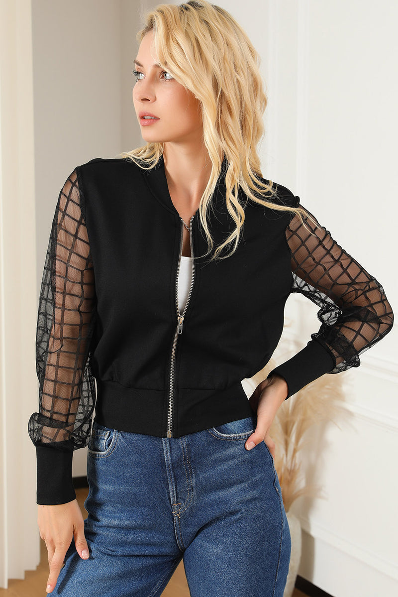 Black Latticed Mesh Sleeve Zip Up Bomber Jacket