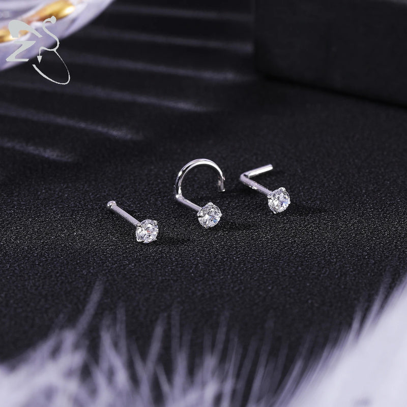 ZS 1PC 18/20G 925 Sterling Silver Nose Stud Gold Color Crystal Nose Piercings Screw L-Shape Retainer Nostril Piercing 2-3.5mm