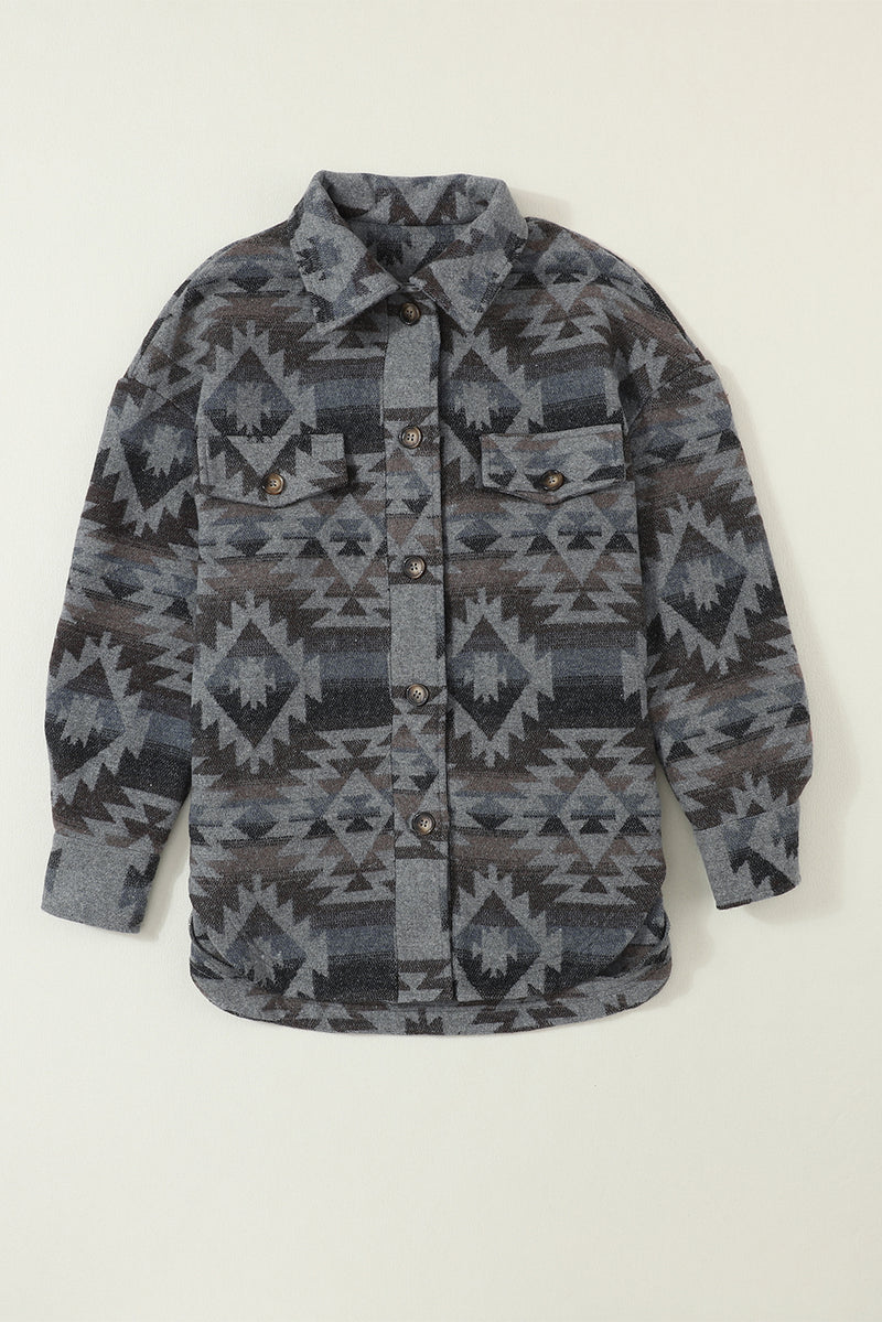 Gray Western Aztec Print Drop Shoulder Casual Shacket