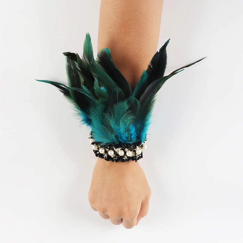 Gothic Rooster Feather Wrist Cuffs Natural Dyed Feather Arm Warmers Halloween Cosplay Party Rave Stage Performance Accessories