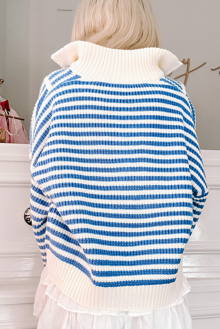 Sky Blue Stripe Zip up Collar Drop Shoulder Sweater