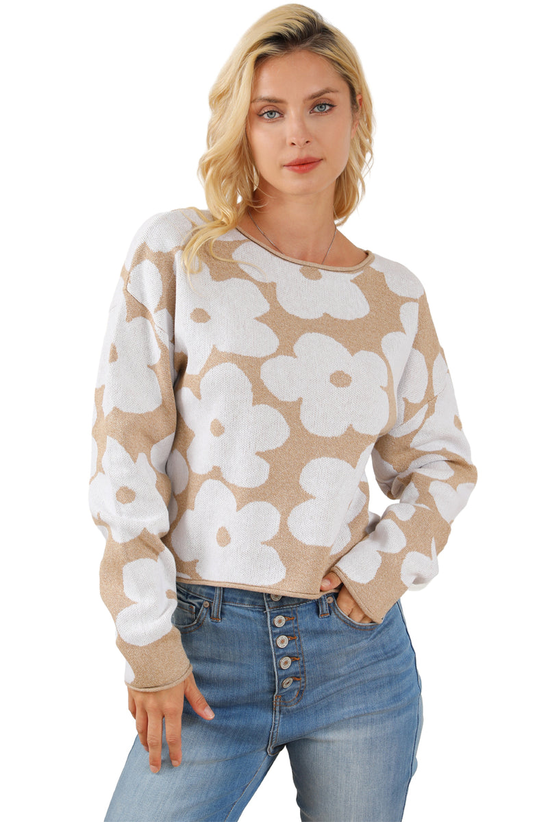 Light French Beige Flower Pattern Cropped Sweater