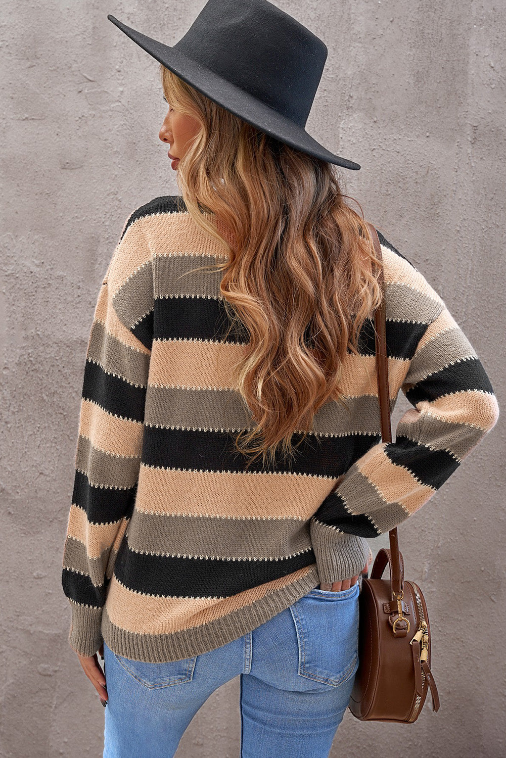 Brown Drop-Shoulder Sleeve Striped Patchwork Pullover Sweater