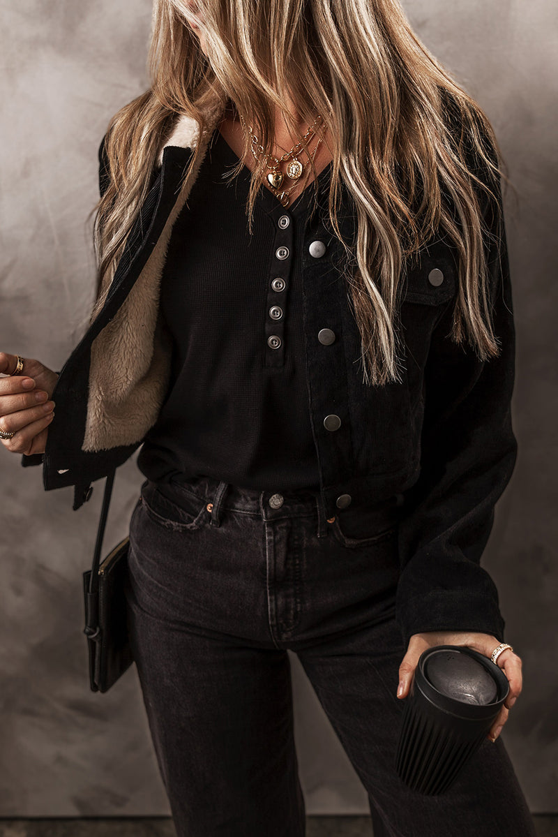 Black Fleece Lined Button-up Collared Corduroy Crop Jacket