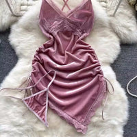 Hot Sexy V-Neck Cross Strap Dress Lace Patchwork Irregular Pleated Nightwear Women's Erotic Lingerie Backless Sleeveless Pajamas