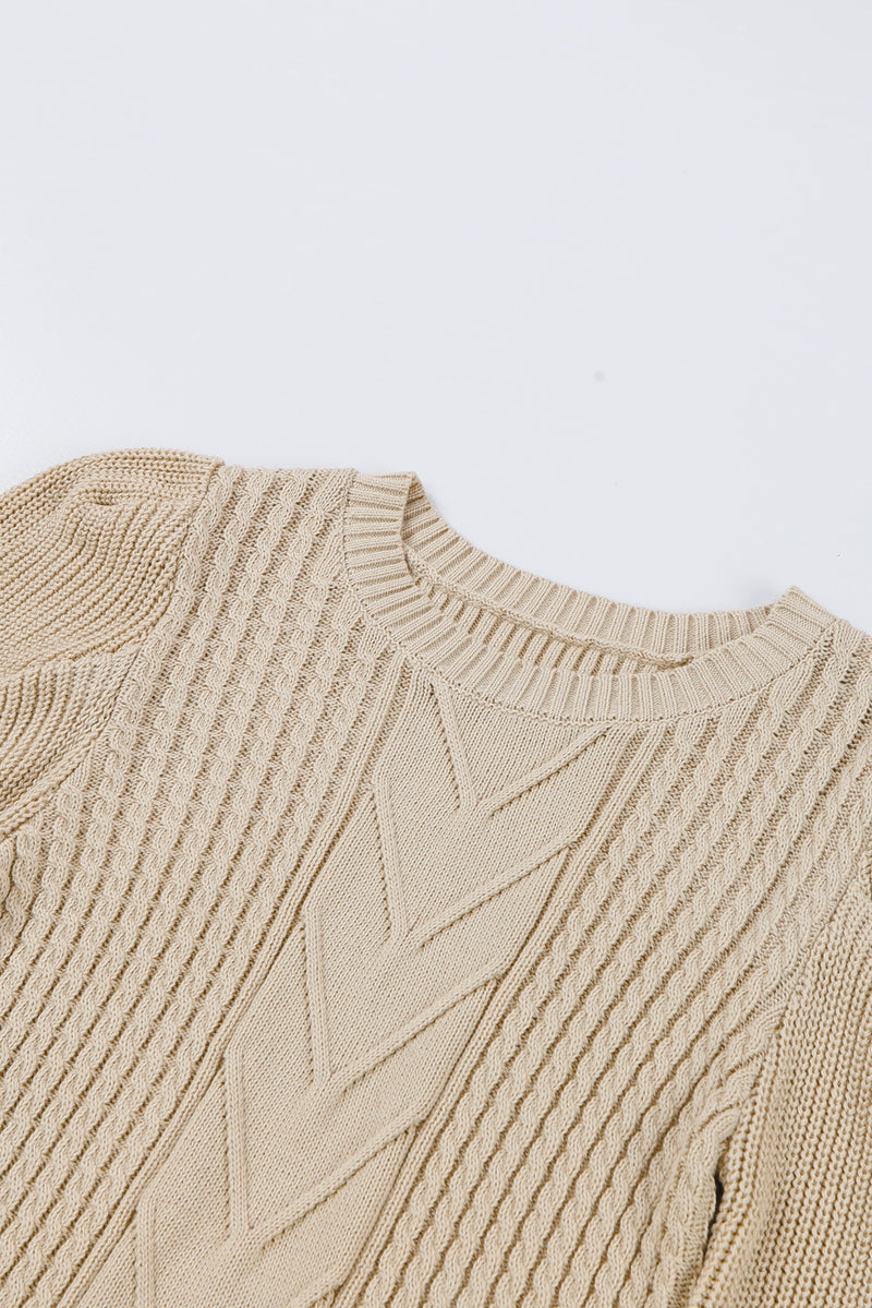 Apricot Cable Ribbed Knit Mix Pattern Puff Sleeve Sweater