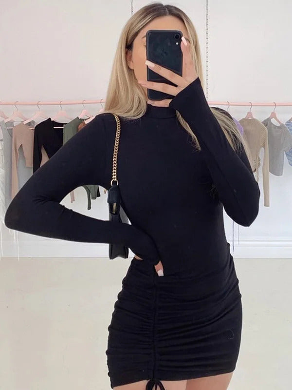 Long Sleeve Ruched Bodycon Dress Women Turtleneck Bandage Mini Dresses Autumn Black Skinny Stretchy Party Vestidos