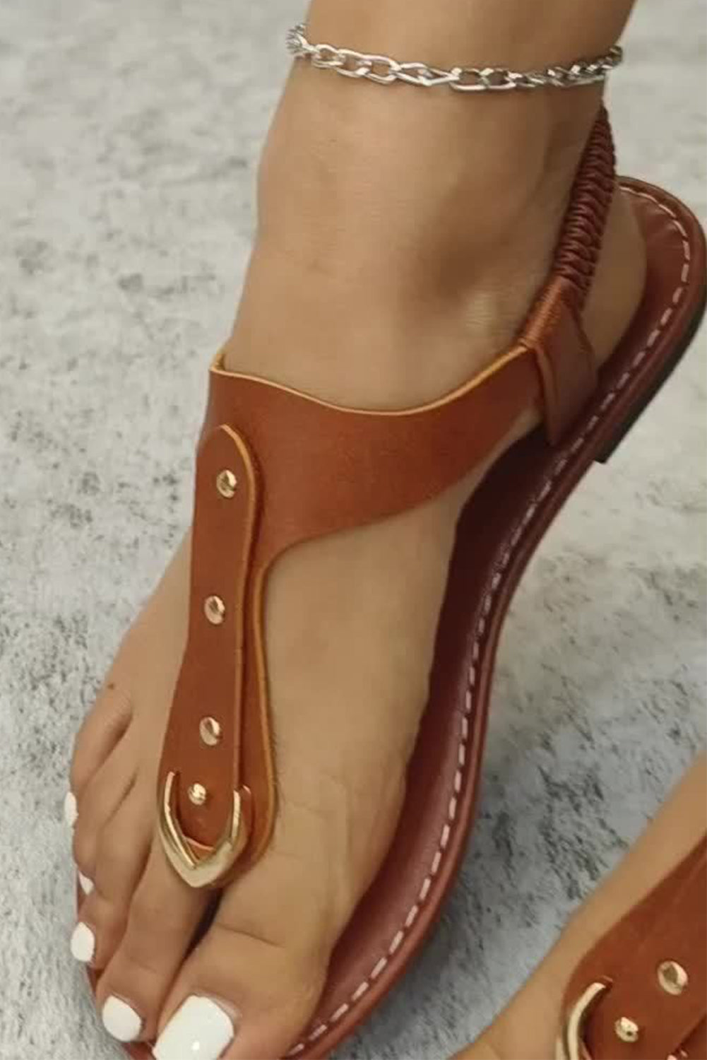 Chestnut Faux Leather Hollow Out Clip Toe Flat Sandals