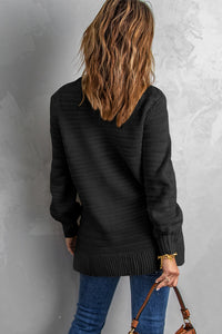 Black Solid Color Stand Collar Textured Sweater