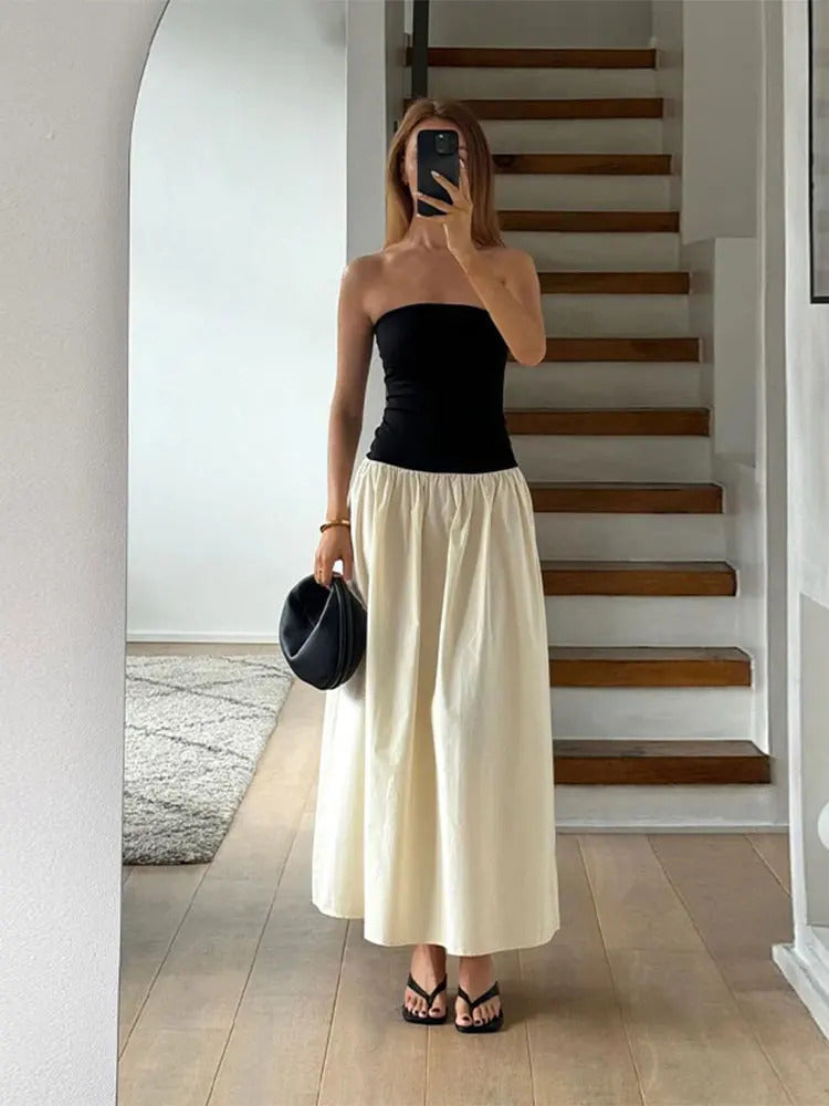 Elegant Patchwork Backless Shawl Women's Dress Fashion Loose Chic Sleeveless Pleated Hem Long Skirt 2025 Lady Party Robe New