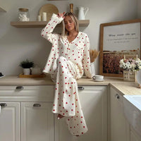 Summer New Love Heart Print Pyjama 100% Cotton Long Sleeve Set 2Pcs Outfit Lapel Sleepwear Button Down Women's Pajamas Nightwear