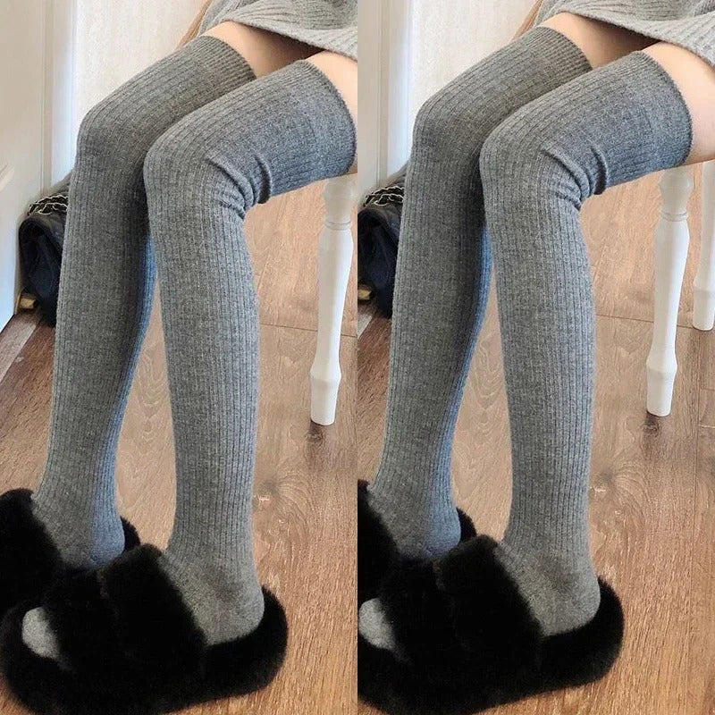 Women Soft Wool Long Socks Autumn Winter Cashmere Solid Knitted Stocking Skinny Casual Knee High Fluffy Warm Thicken Girls Socks