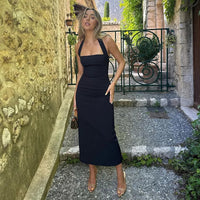 TARUXY One-Shoulder Bodycon Black Evening Dress For Women Sexy Backless Sleeveless Neck-Mounted Long Party Dress Female Elegant