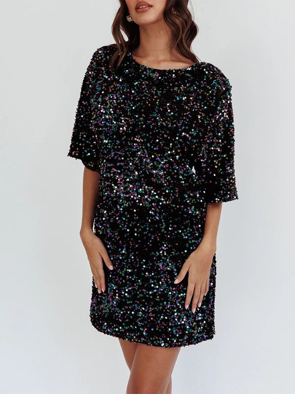 Women s Sequin Dress Casual Loose Sparkly Round Neck Short Sleeve Open Back Tie-Up Mini T-Shirt Dress for Party Club