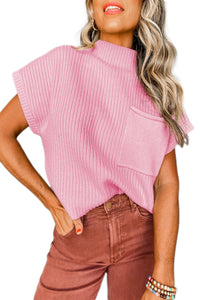 Pink Patch Pocket Ribbed Knit Short Sleeve Sweater