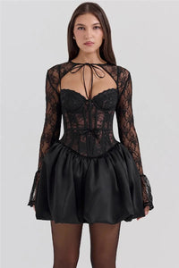 Mozision Black Lace Puffball Sexy Mini Dress For Women Fashion Lace-up Sheer Long Flare Sleeve High Waist Club Party Dress