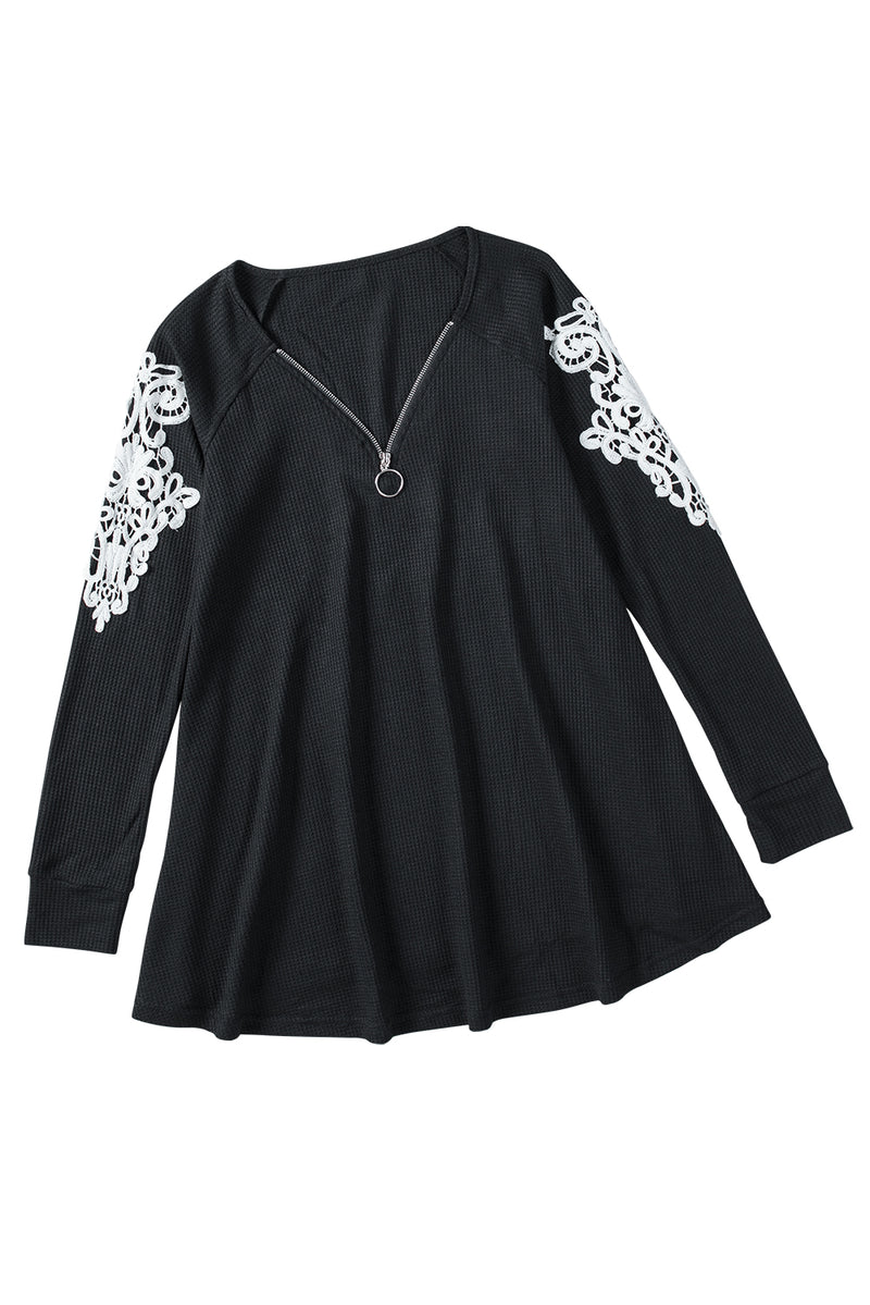 Zip V Neck Lace Patch Long Sleeve Tunic Top