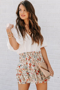 Beige Smocked High Waist Ruffle Tiered Floral Skirt