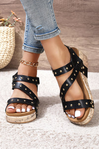 White Rivet Hollow Out Leather Wedge Sandals