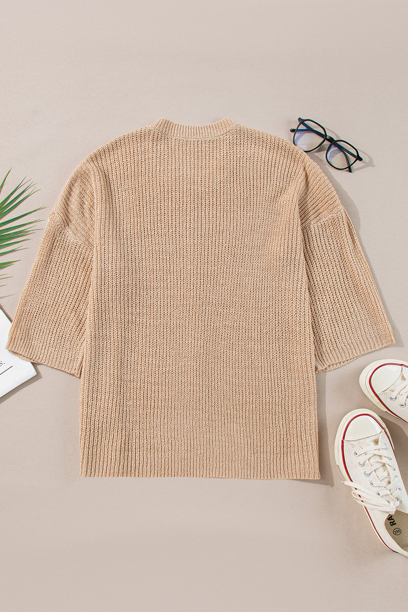 Light French Beige Contrast Striped 3/4 Sleeve Crew Neck Sweater