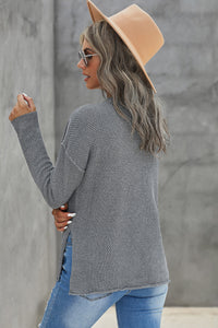 Gray Henley Pullover Drop Shoulder Sweater with Slits