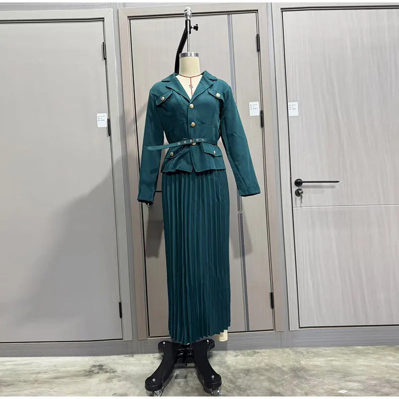 Elegant Women's Two Pieces Set Single-breasted Lapel Large Size Coat Belt Pleated Midi Skirt Suit 2025 Lady New In Matching Sets