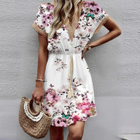 2024 New European and American Spring/Summer Printed Bat Sleeves Lace V-Neck Waist Wrap Short Sleeve Medium Length Dress